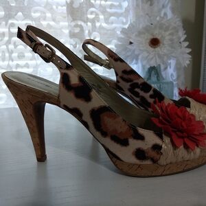 Bandolino Leopard Print Heels with Red Floral Accent